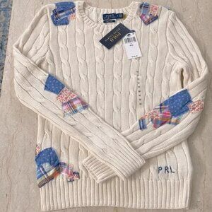 NWT Polo Ralph Lauren Patchwork Cable Knit Pima Cotton Sweater.